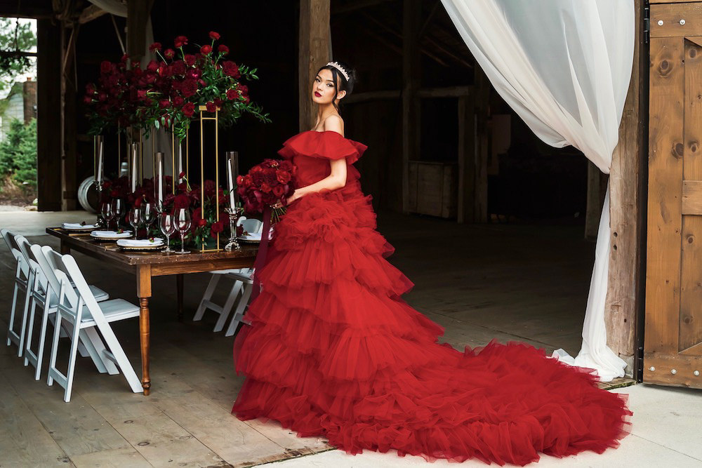 Ruffle Dress Gown Bride Bridal Red Rose Wedding Ideas Brandon and Serena Photography