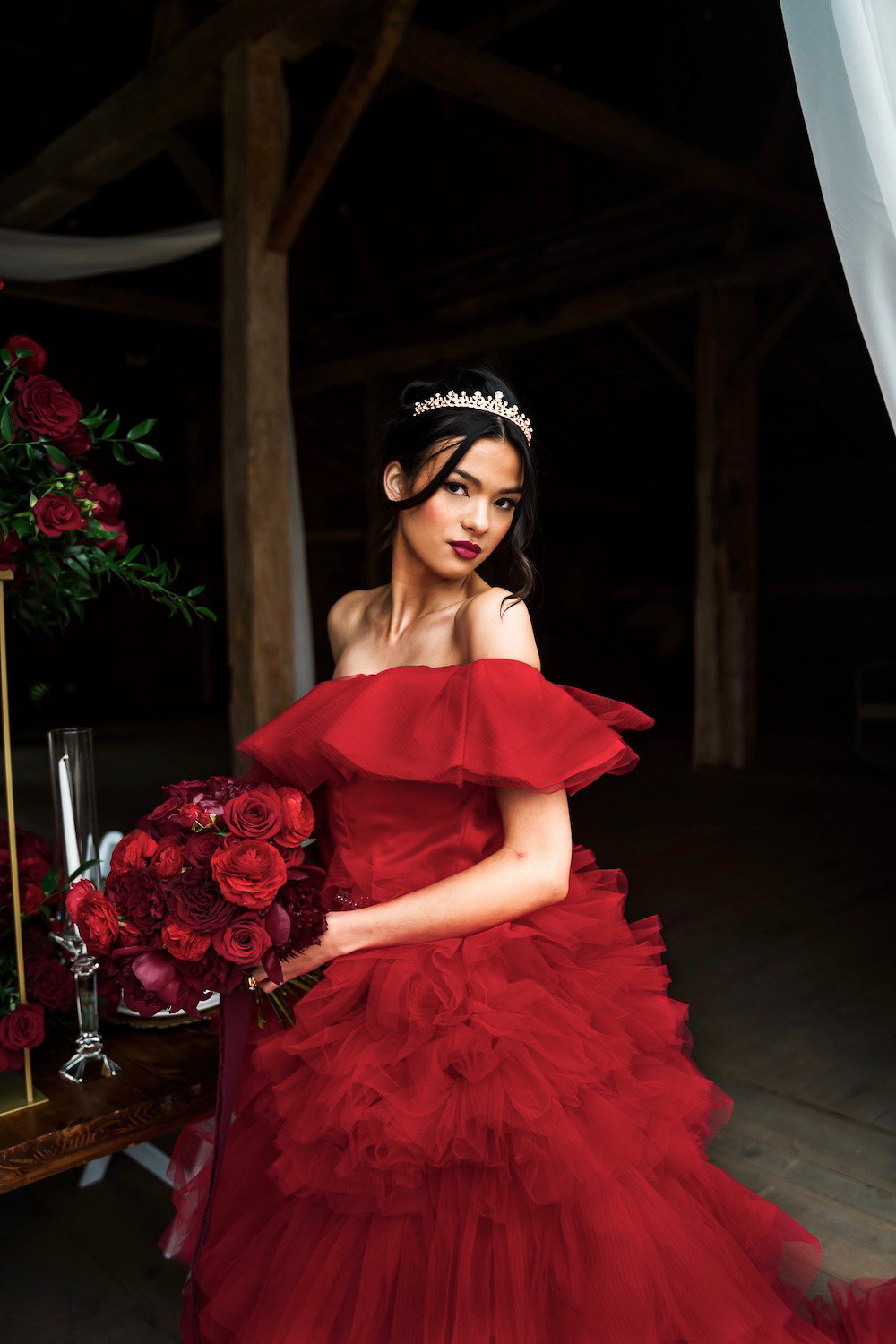 Ruffle Dress Gown Bride Bridal Red Rose Wedding Ideas Brandon and Serena Photography