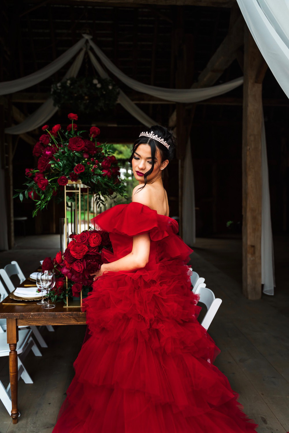 Ruffle Dress Gown Bride Bridal Red Rose Wedding Ideas Brandon and Serena Photography