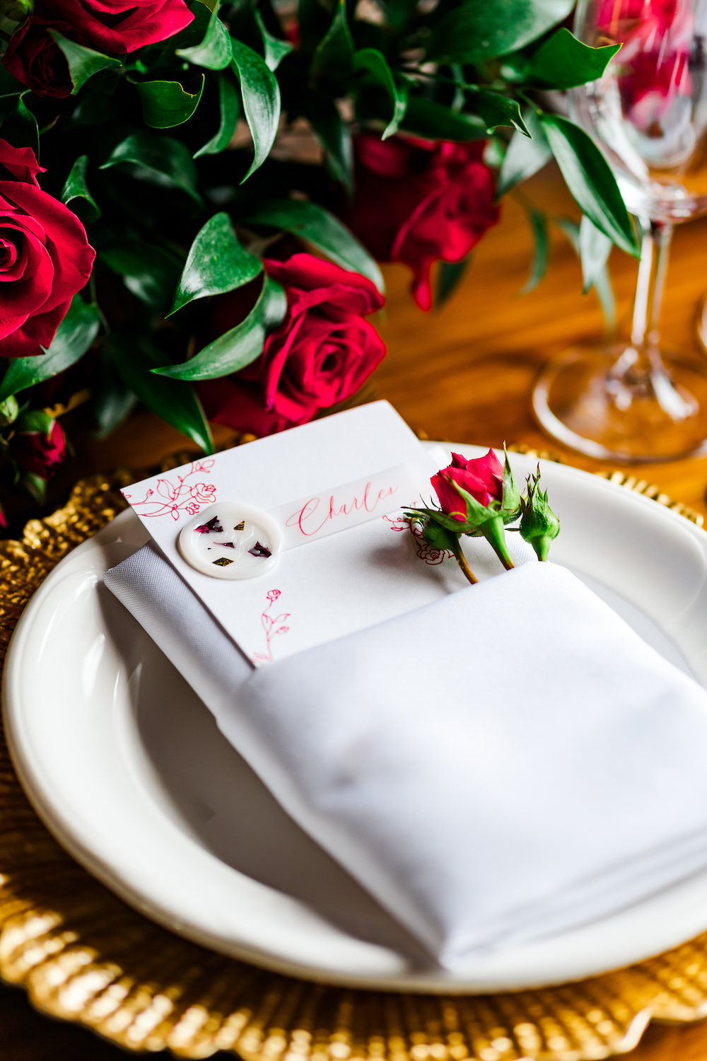 Place Setting Menu Gold Red Rose Wedding Ideas Brandon and Serena Photography