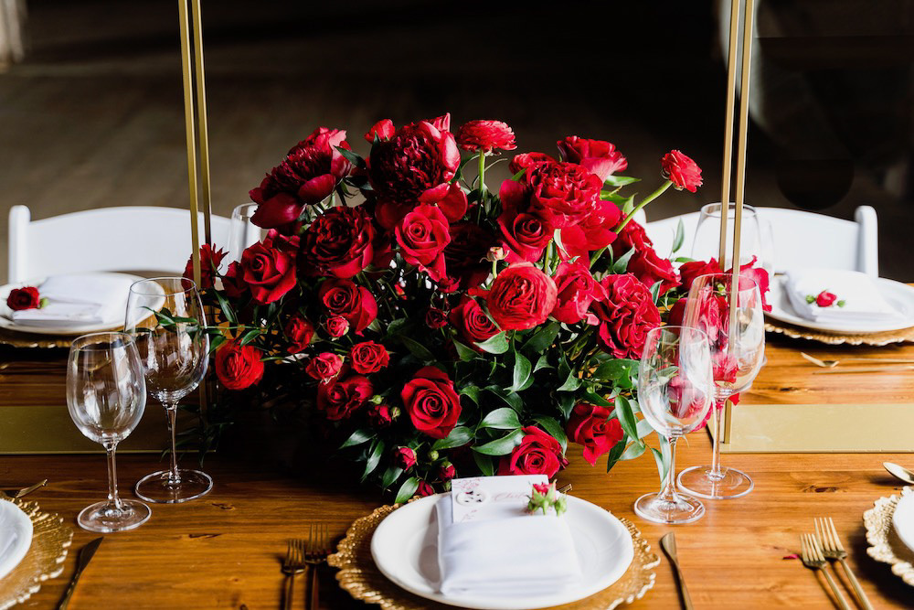 Flower Arrangement Centrepiece Tall Table Decor Red Rose Wedding Ideas Brandon and Serena Photography