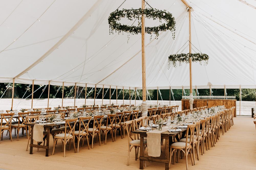 Pole Tent Marquee Greenery Hoop Long Wooden Tables Rousham House Wedding Wyldbee