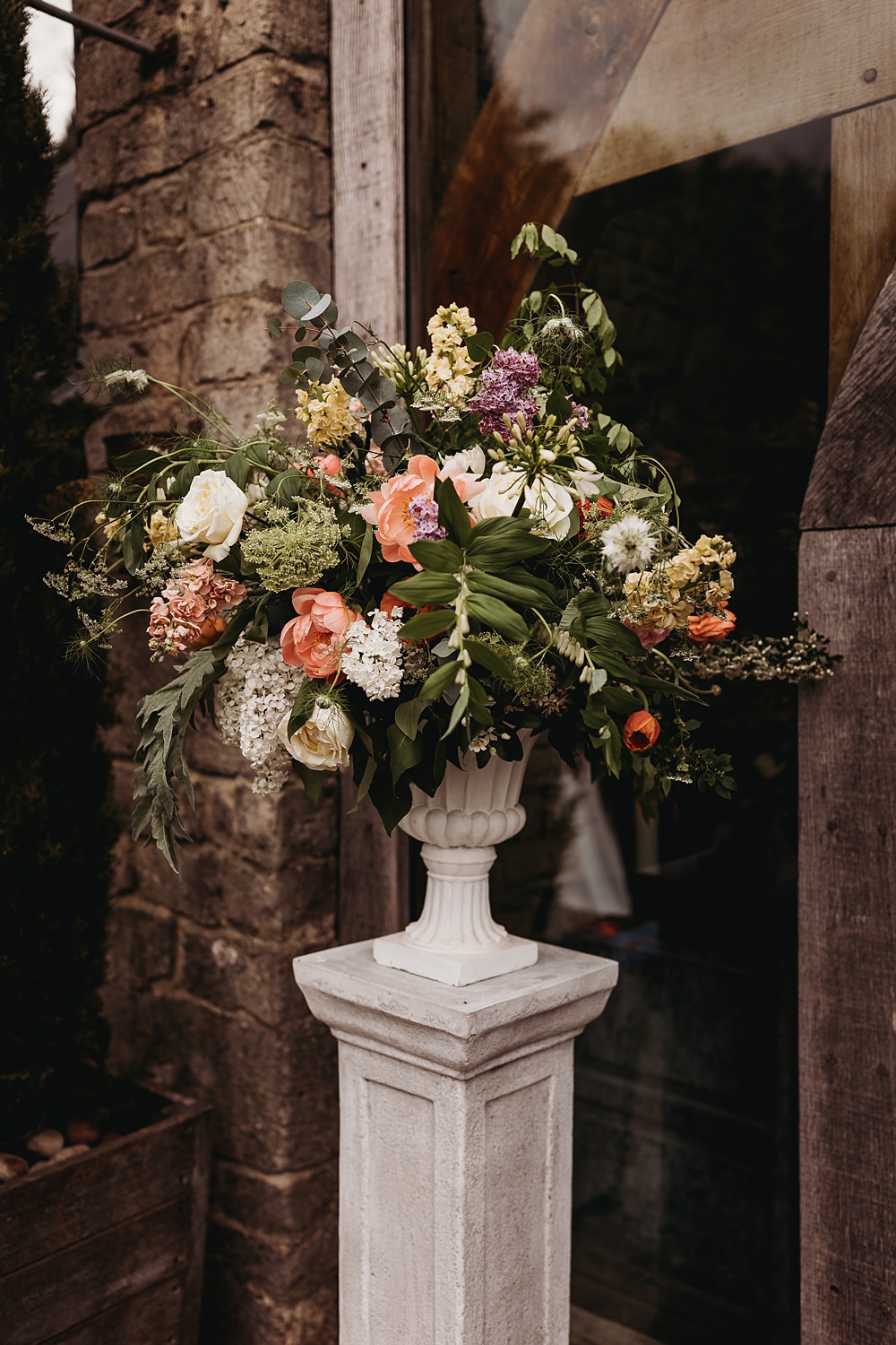 Urn Flower Arrangement Coral Cream Ceremony Spring Country Garden Wedding Thyme Lane Photography