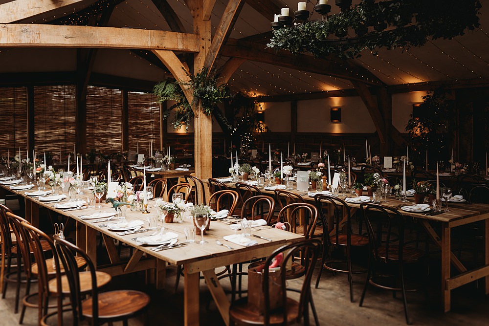 Barn Long Wooden Tables Rustic Flowers Tall Candles Spring Country Garden Wedding Thyme Lane Photography