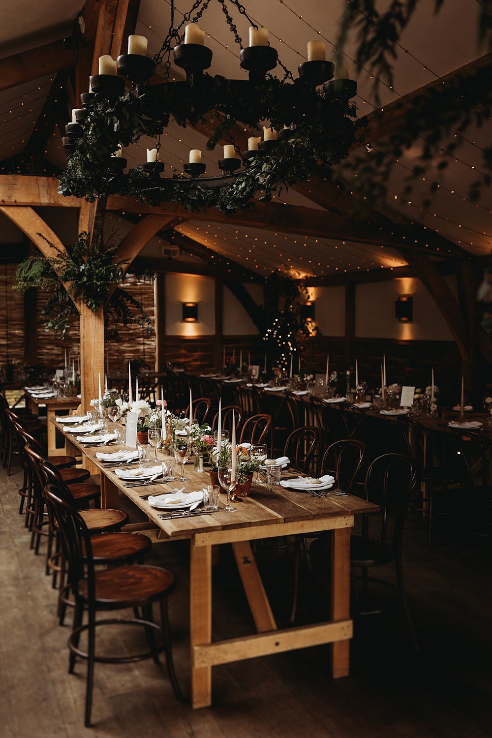 Barn Long Wooden Tables Rustic Flowers Tall Candles Spring Country Garden Wedding Thyme Lane Photography