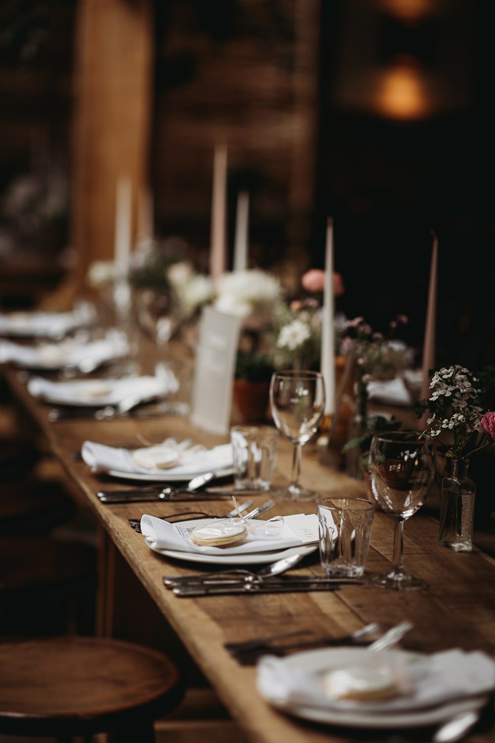 Barn Long Wooden Tables Rustic Flowers Tall Candles Spring Country Garden Wedding Thyme Lane Photography