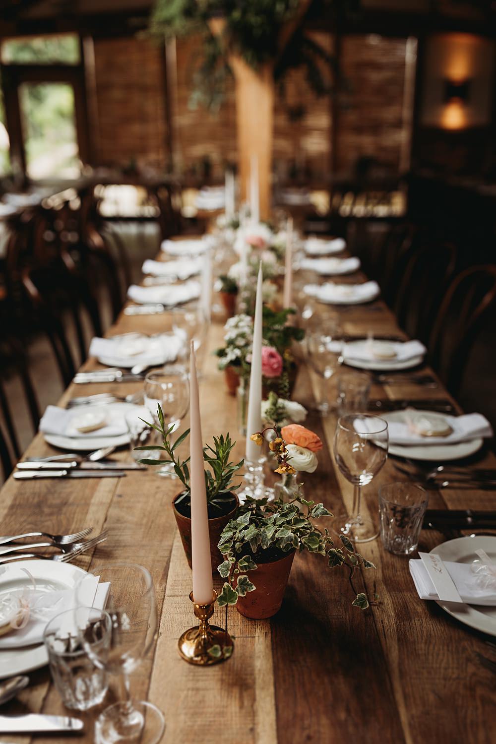 Barn Long Wooden Tables Rustic Flowers Tall Candles Spring Country Garden Wedding Thyme Lane Photography