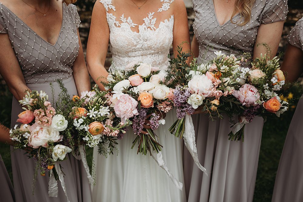 Flowers Bouquet Pink Peony Rose Stocks Lilac Bridesmaid Spring Country Garden Wedding Thyme Lane Photography
