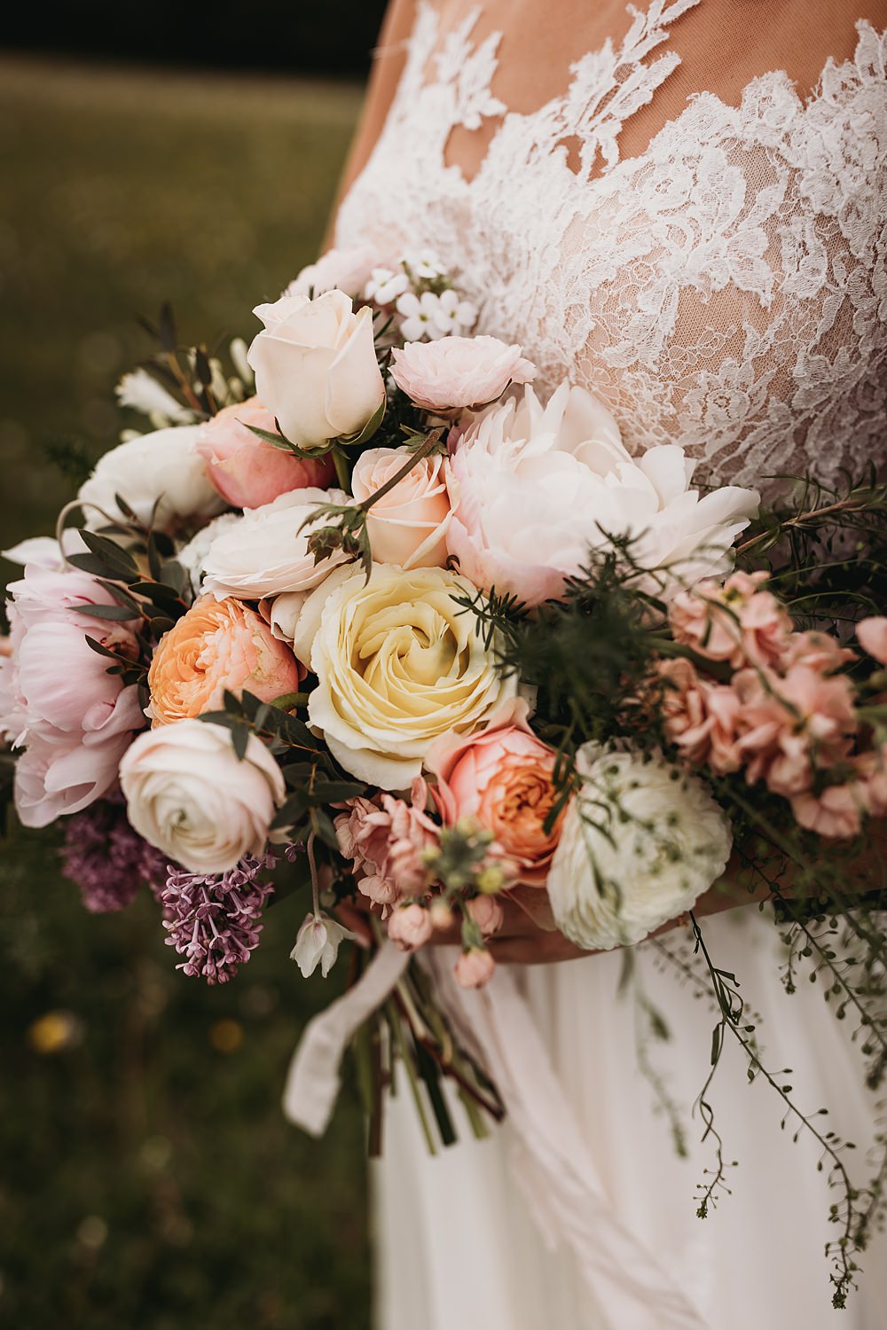 Flowers Bouquet Pink Peony Rose Stocks Lilac Bridal Spring Country Garden Wedding Thyme Lane Photography