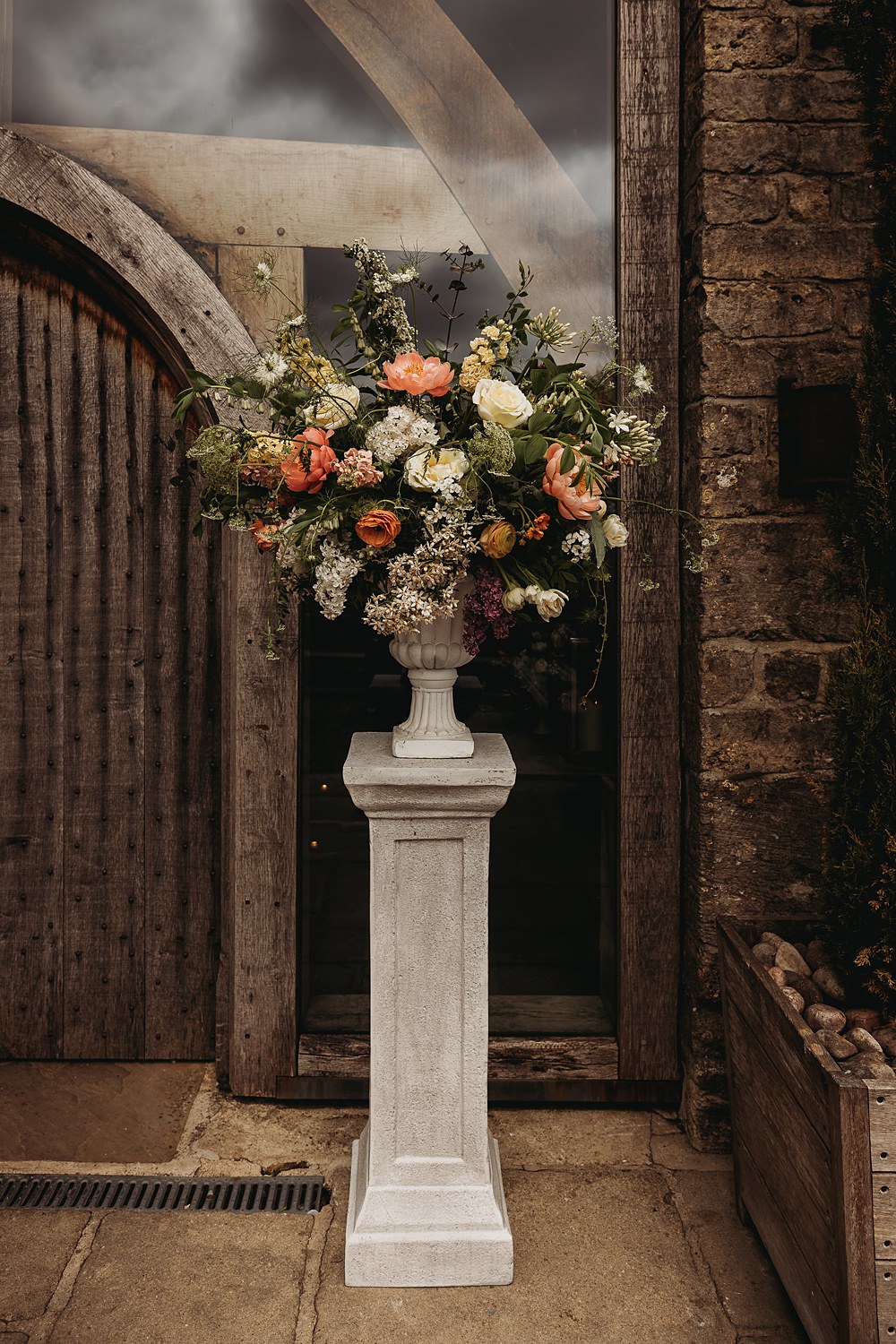 Urn Flower Arrangement Coral Cream Ceremony Spring Country Garden Wedding Thyme Lane Photography