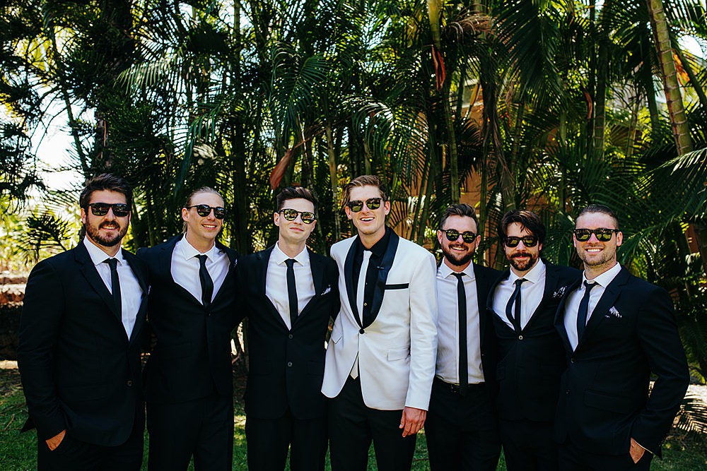 Groom Groomsmen Tuxedo Tropical Hawaii Wedding Couple Cups Photography