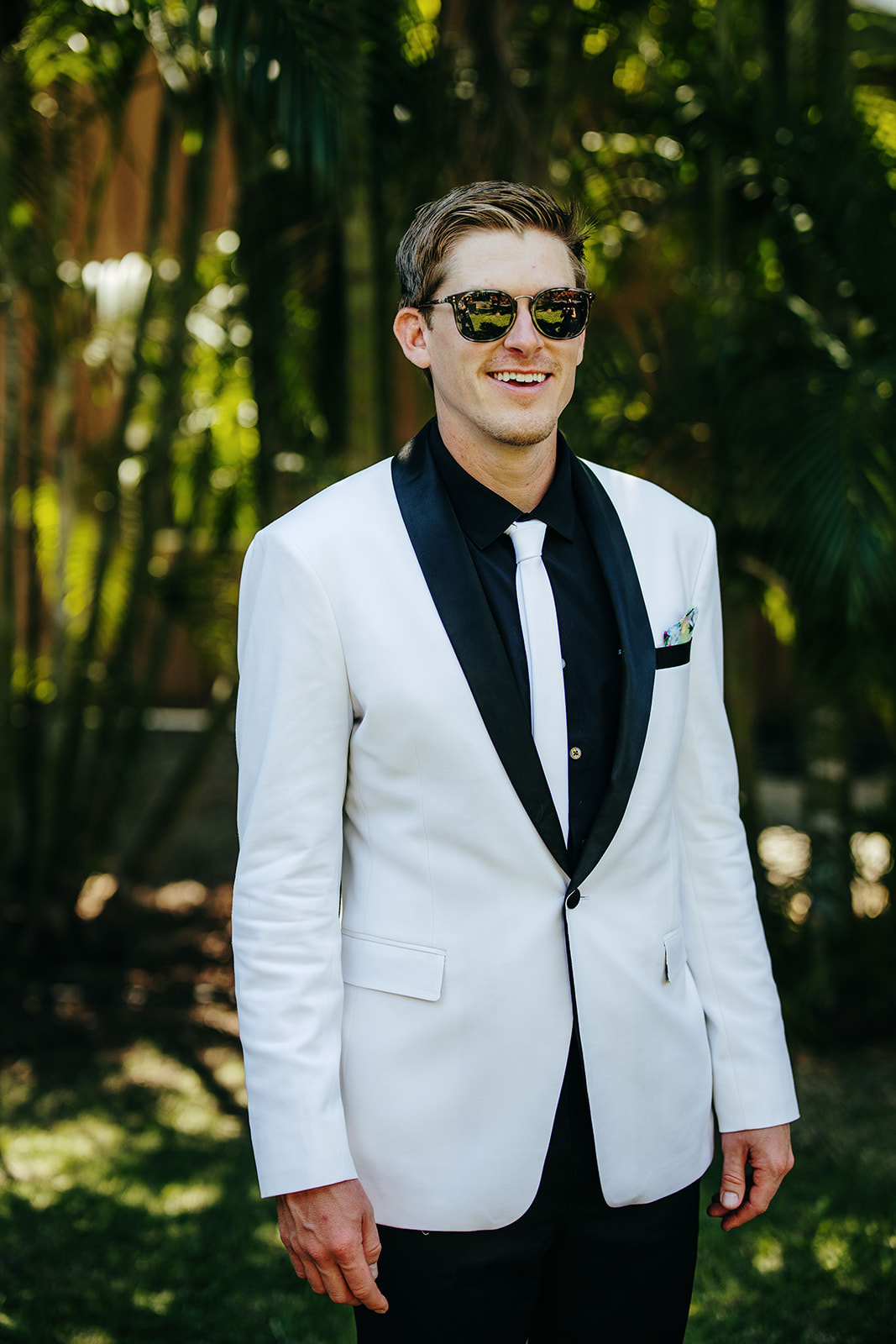 Groom Tuxedo White Jacket Tropical Hawaii Wedding Couple Cups Photography