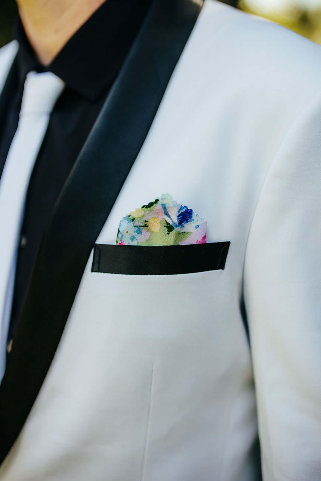 Groom Tuxedo White Jacket Pocket Square Tropical Hawaii Wedding Couple Cups Photography