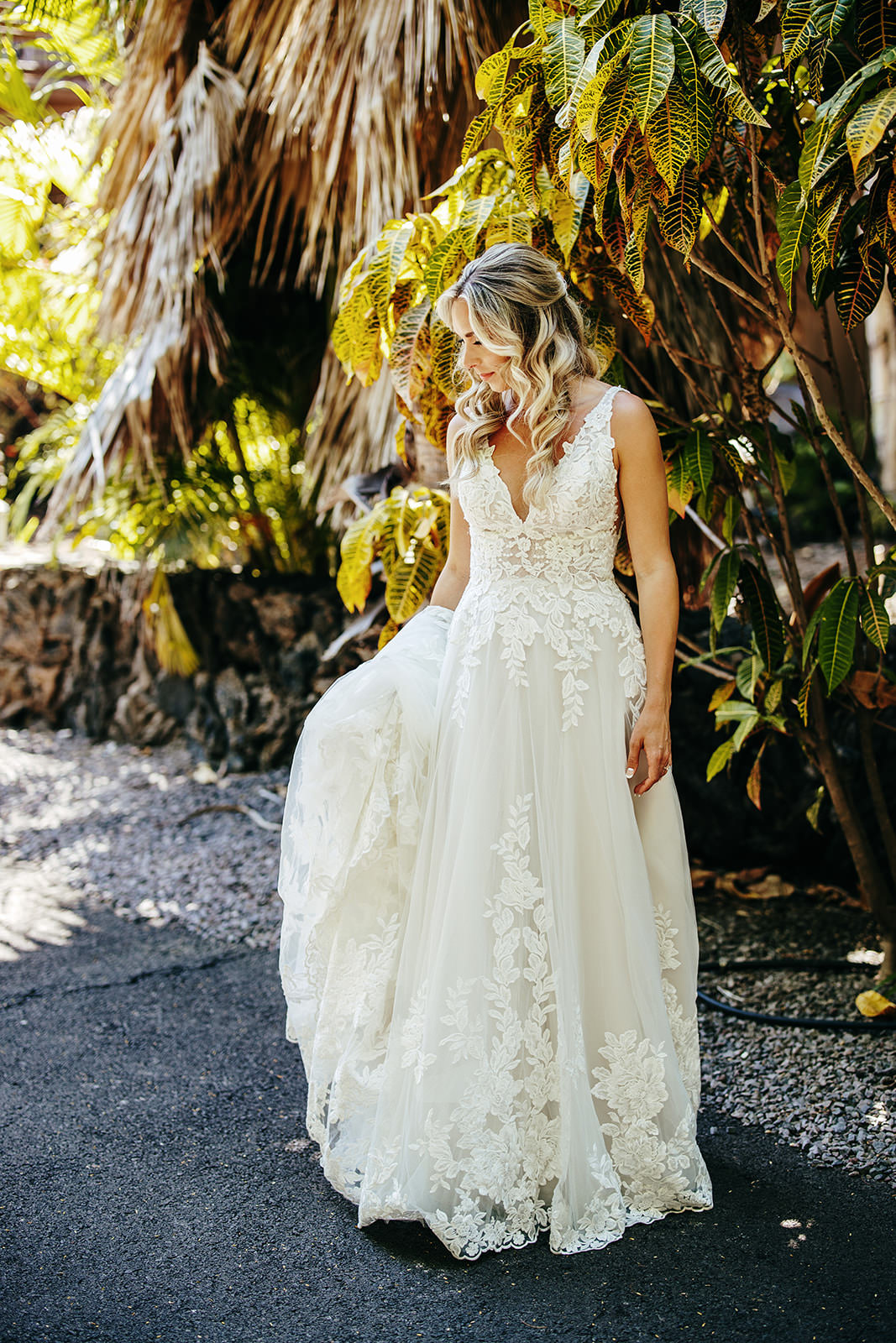 Dress Gown Lace Tulle Bride Bridal Tropical Hawaii Wedding Couple Cups Photography