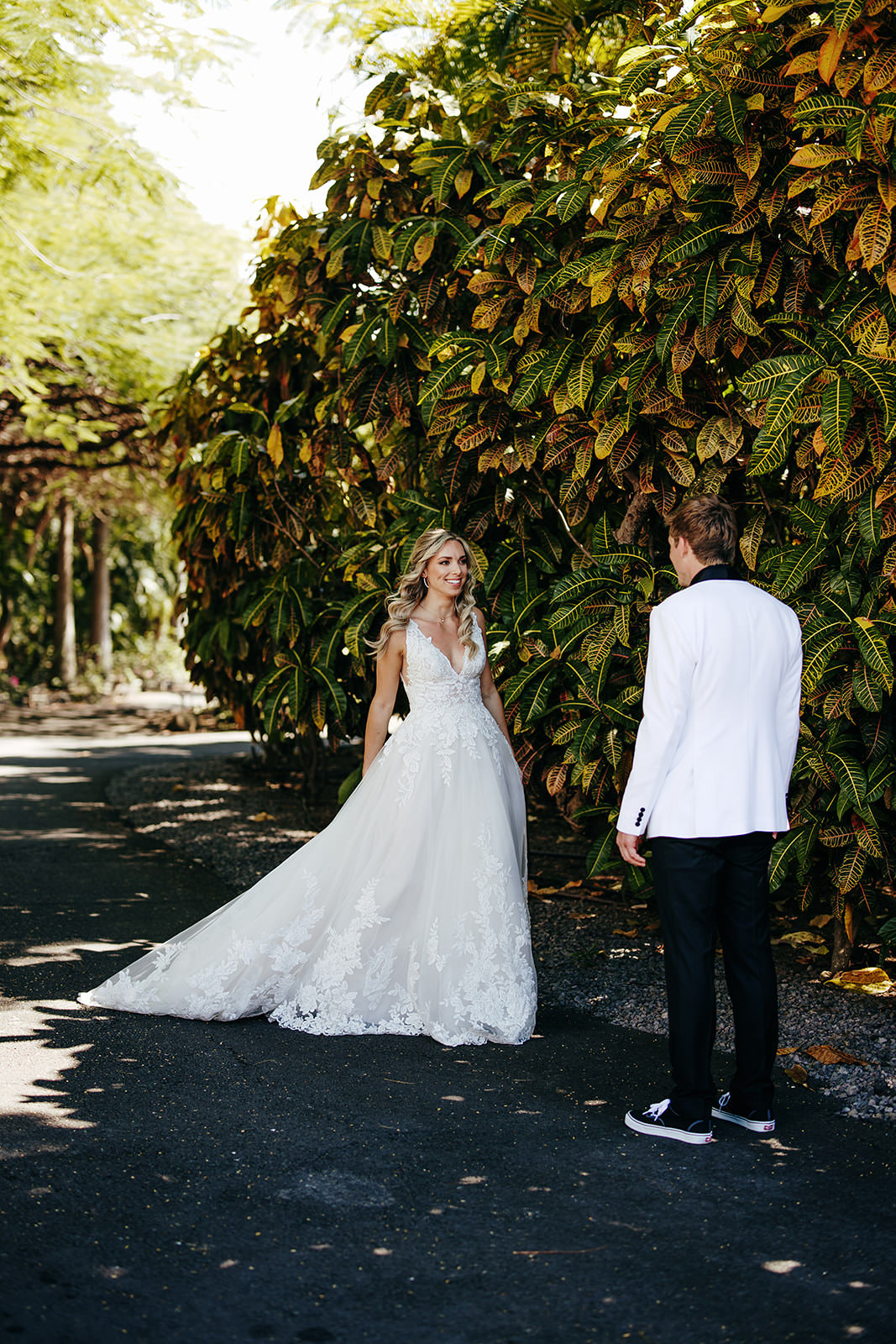 First Look Tropical Hawaii Wedding Couple Cups Photography