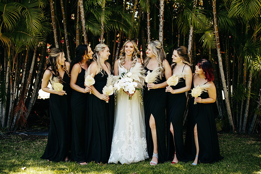Black Bridesmaid Dresses Tropical Hawaii Wedding Couple Cups Photography