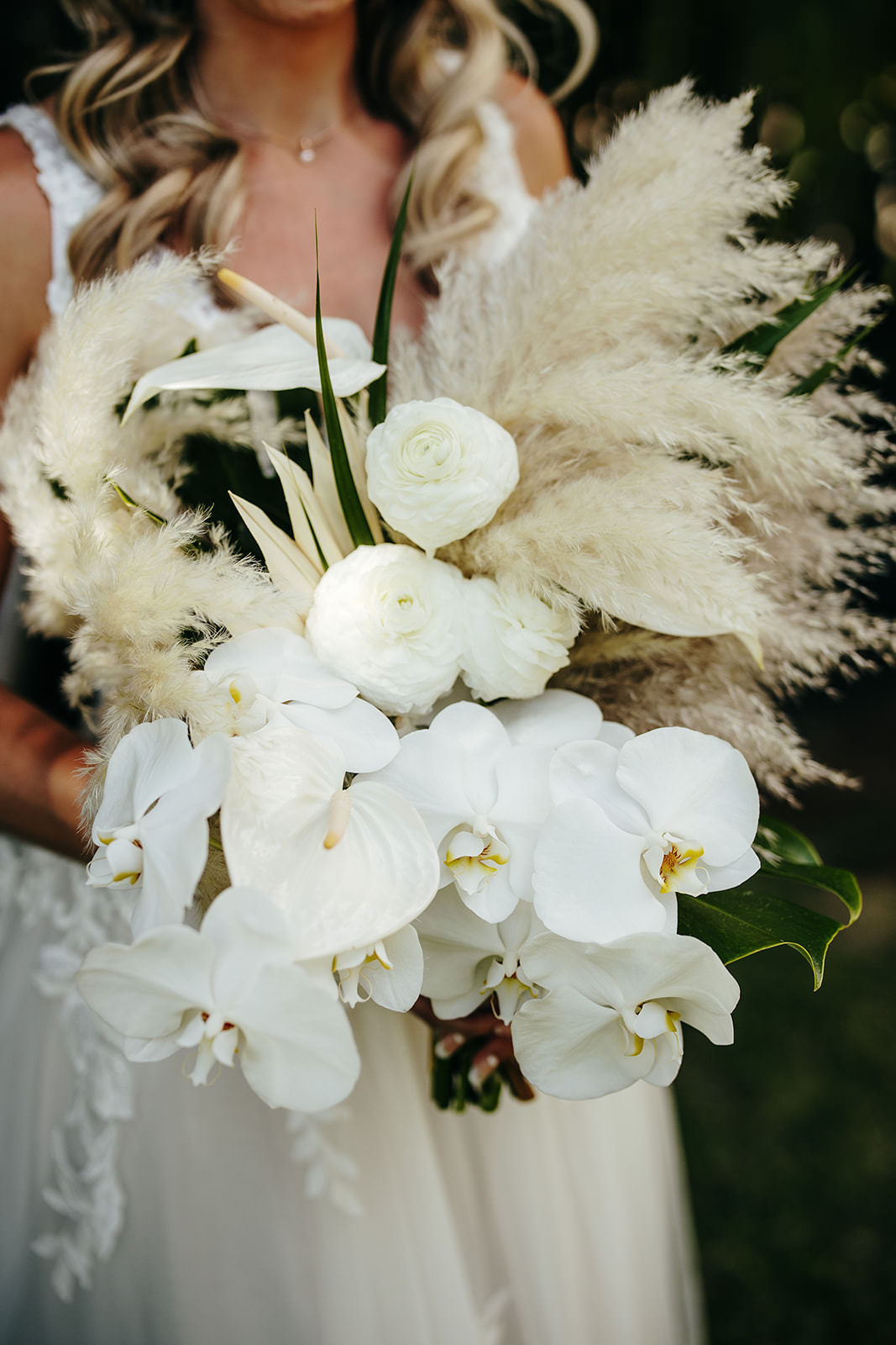 Bouquet Flowers Bride Bridal Orchid Pampas Grass Tropical Hawaii Wedding Couple Cups Photography