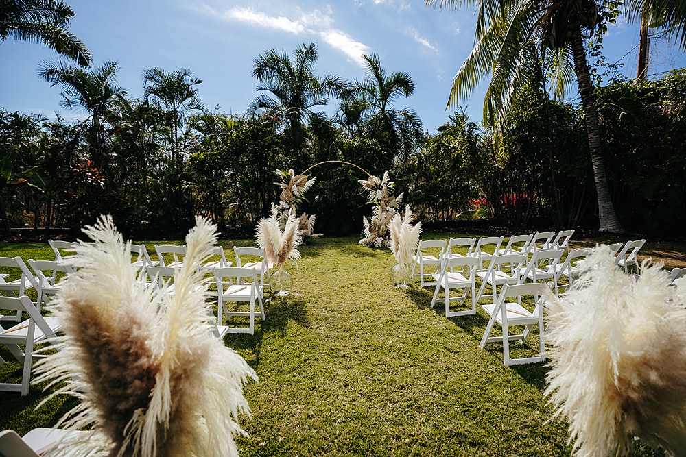 Pampas Grass Aisle Ceremony Flowers Tropical Hawaii Wedding Couple Cups Photography