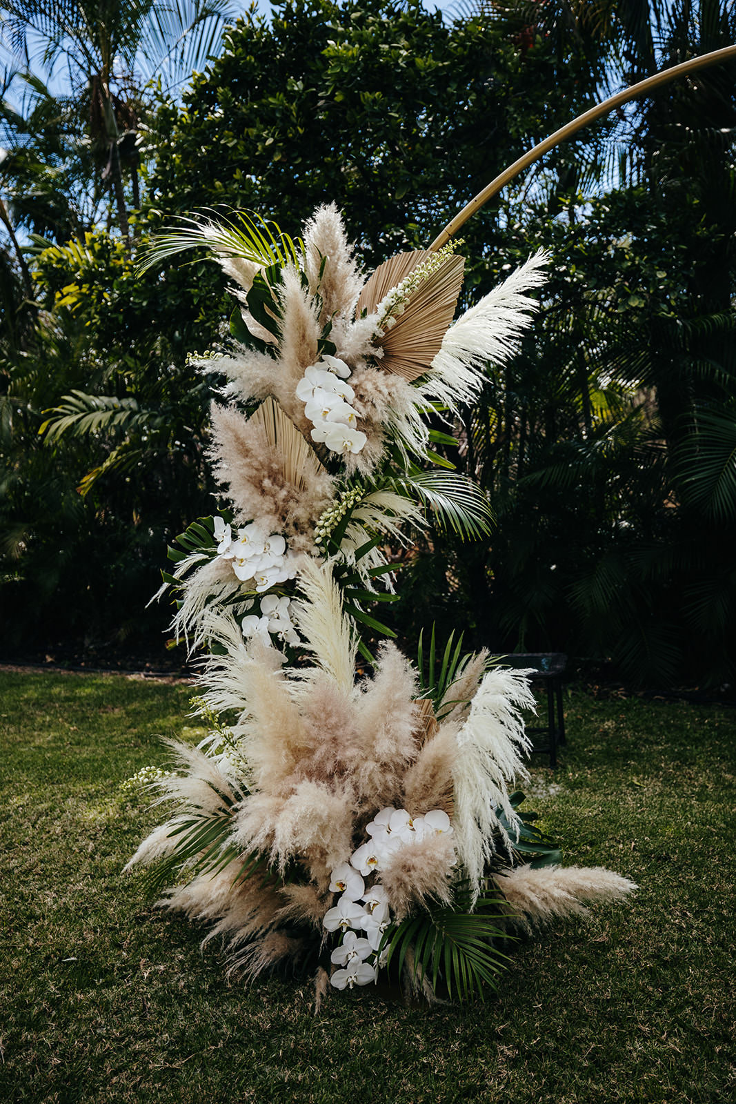Pampas Grass Aisle Ceremony Flowers Hoop Tropical Hawaii Wedding Couple Cups Photography