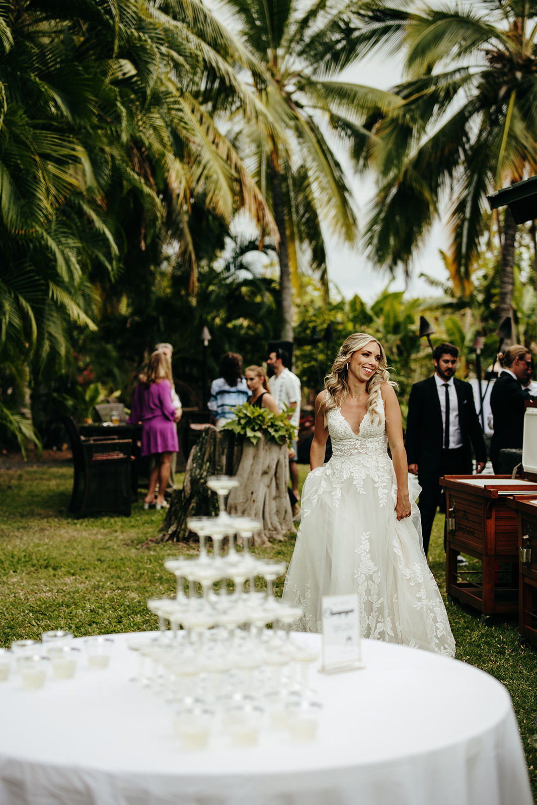 Champagne Tower Tropical Hawaii Wedding Couple Cups Photography
