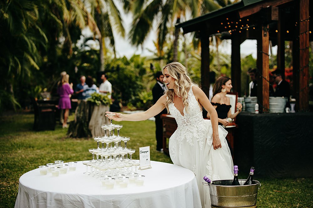 Champagne Tower Tropical Hawaii Wedding Couple Cups Photography