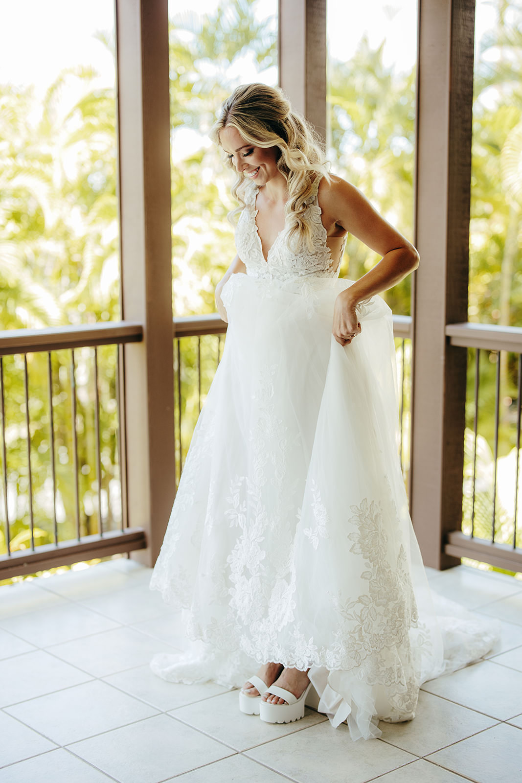 Dress Gown Lace Tulle Bride Bridal Tropical Hawaii Wedding Couple Cups Photography
