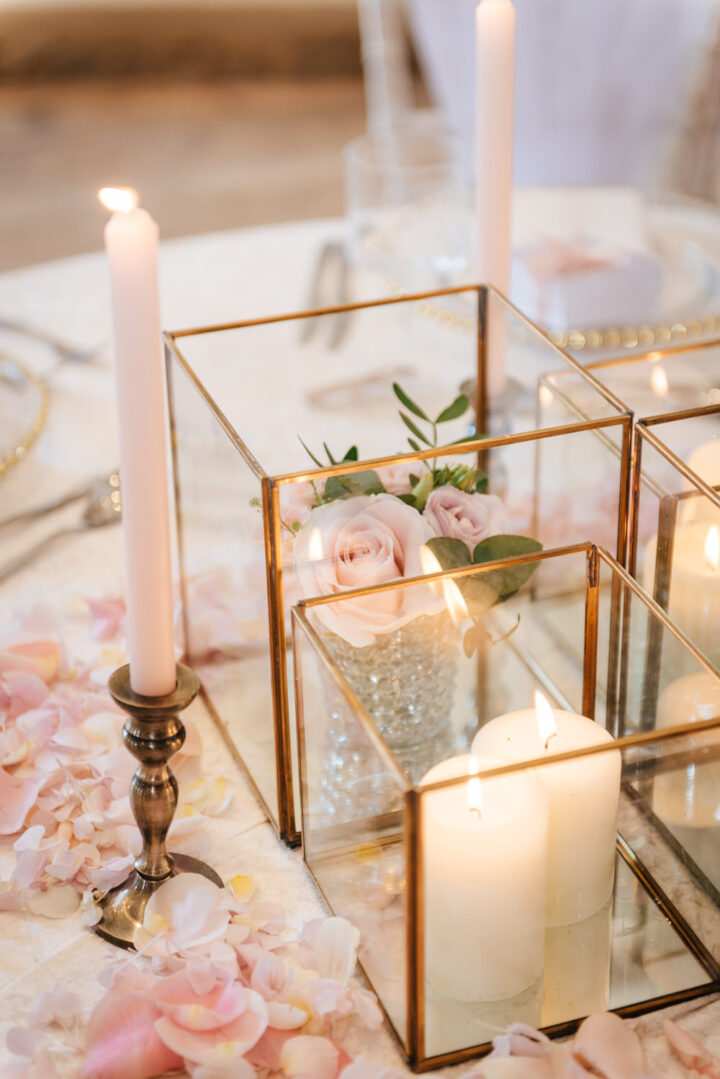 Wedding Candle Centrepiece Idea Square Brass Flowers Sugarbird Photography