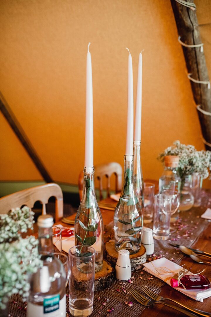 Wedding Candle Centrepiece Bottle Water Greenery Kloe May Photography