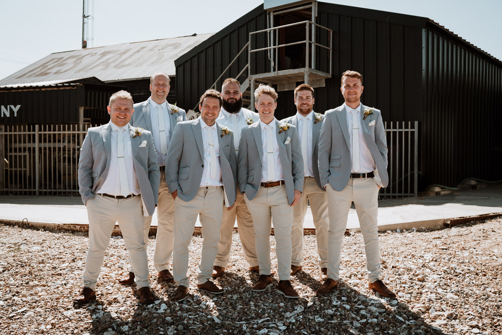 Groom Groomsmen Blue Jackets Cream Chinos Whitstable Beach Wedding Nicola Dawson Photography