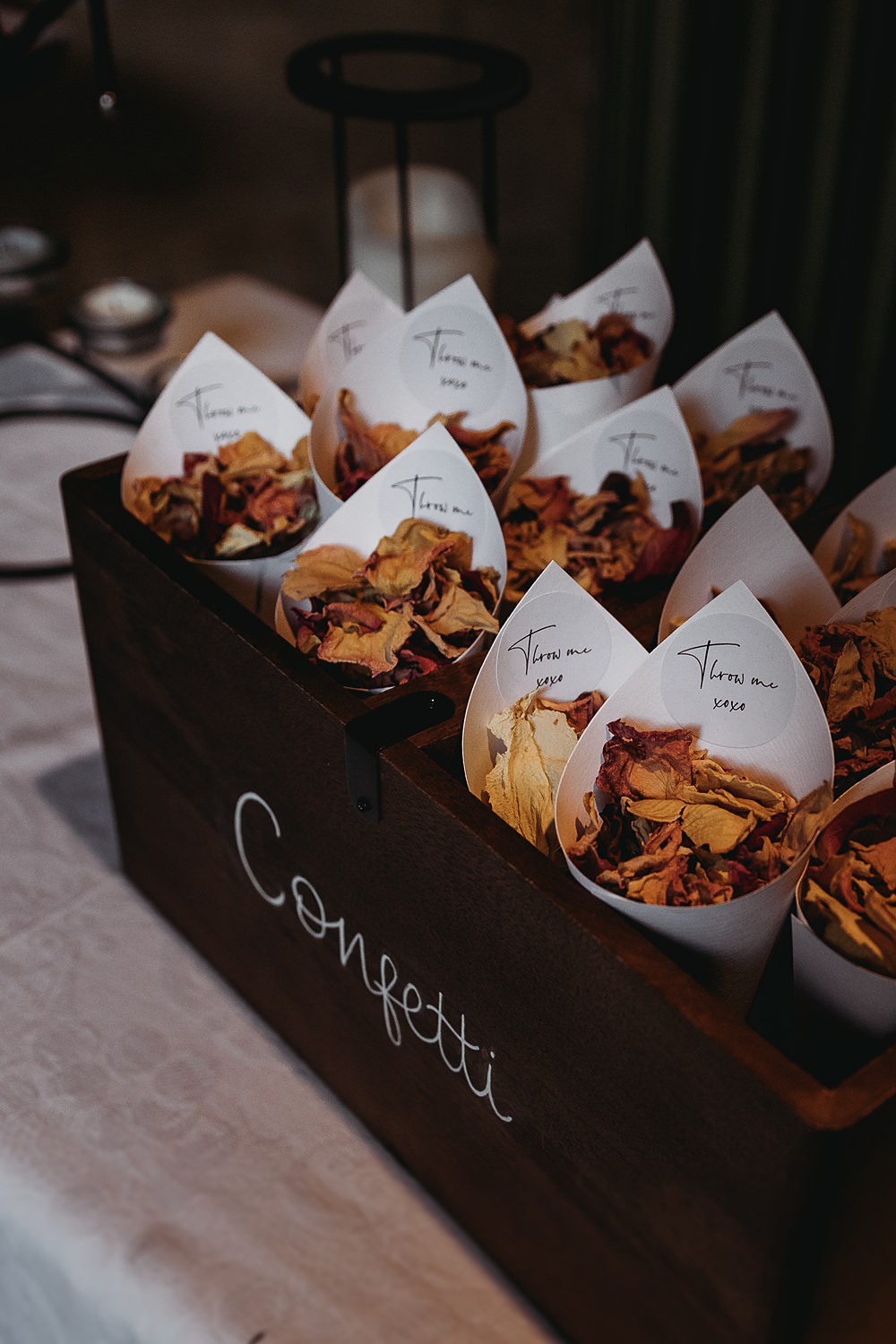 Wooden Confetti Cone Box Winter Wonderland Barn Wedding Thyme Lane Photography