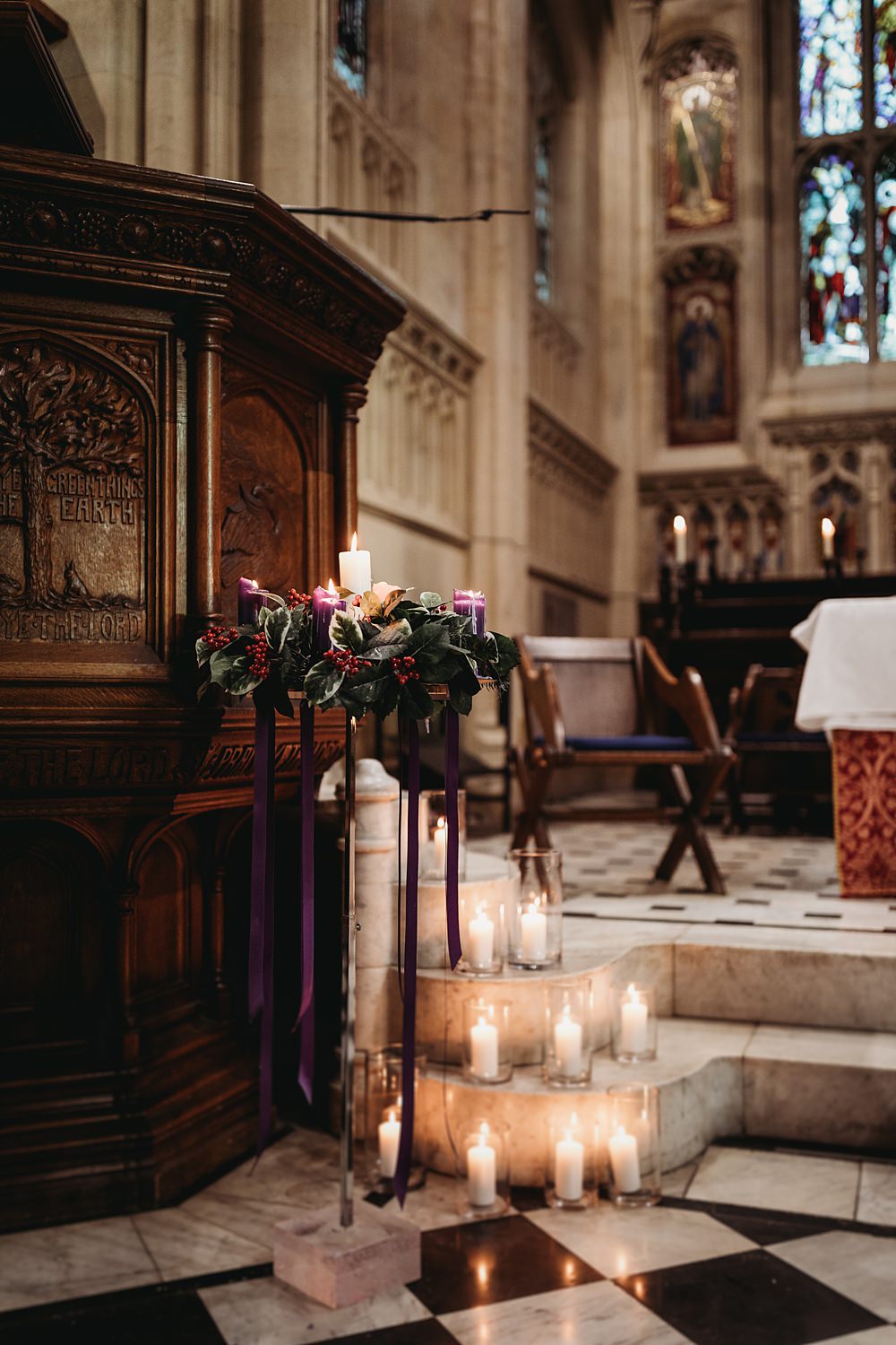 Candle Flowers Christmas Decor Church Winter Wonderland Barn Wedding Thyme Lane Photography