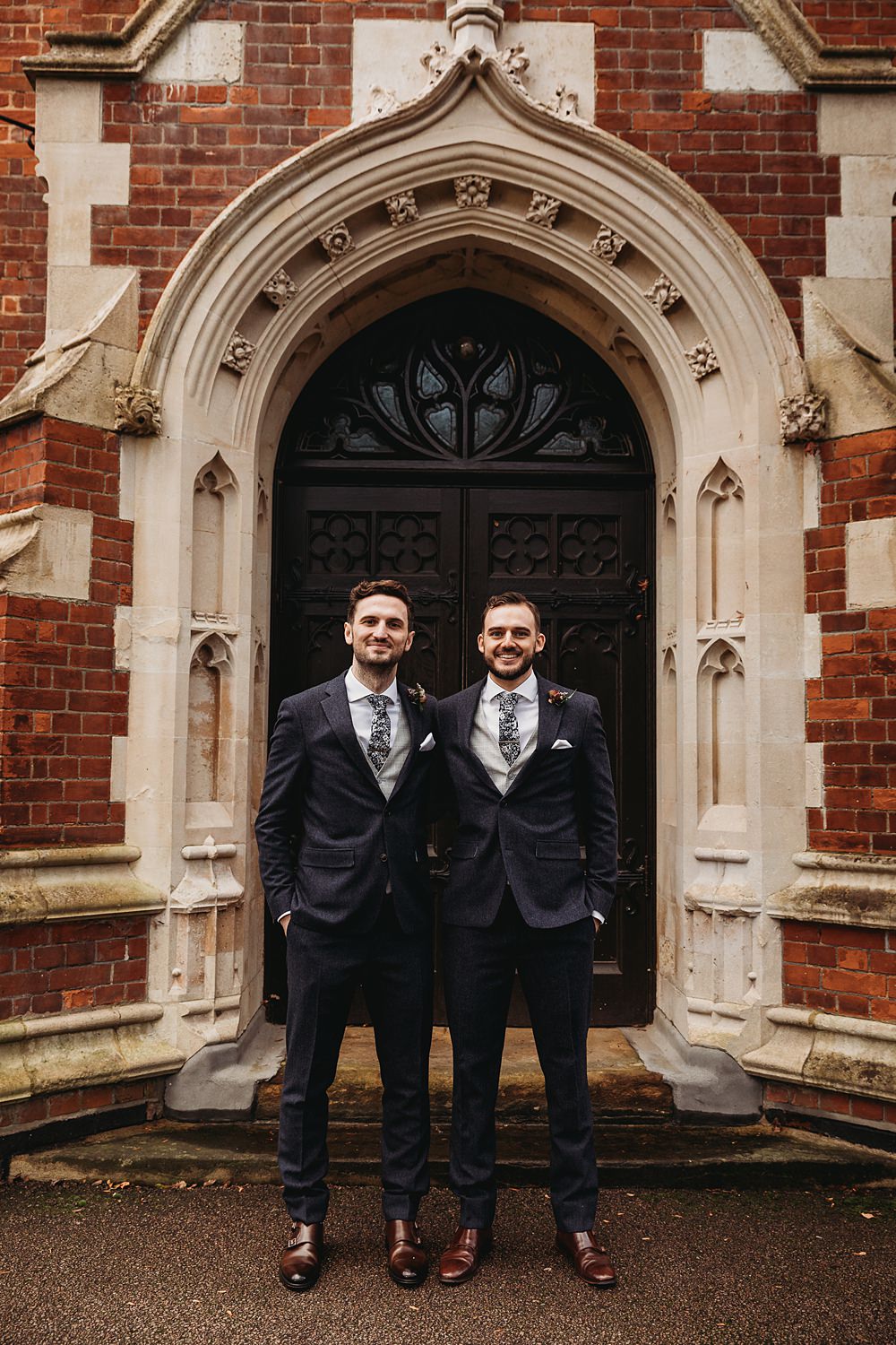 Groom Groomsmen Blue Suit Floral Tie Grey Waistcoat Winter Wonderland Barn Wedding Thyme Lane Photography