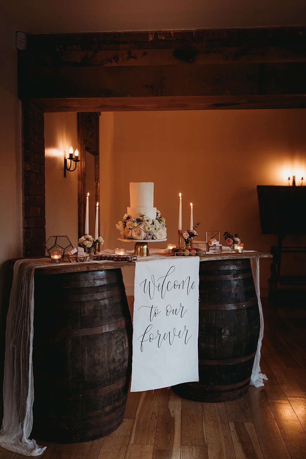 Wooden Barrel Cake Table Winter Wonderland Barn Wedding Thyme Lane Photography