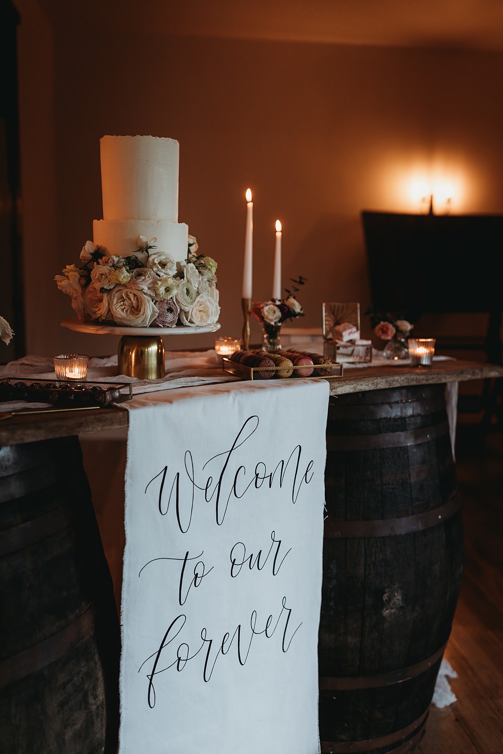 Cake Table Banner Winter Wonderland Barn Wedding Thyme Lane Photography