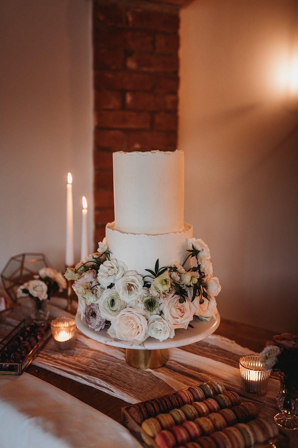 White Cake Flowers Two Tier Winter Wonderland Barn Wedding Thyme Lane Photography