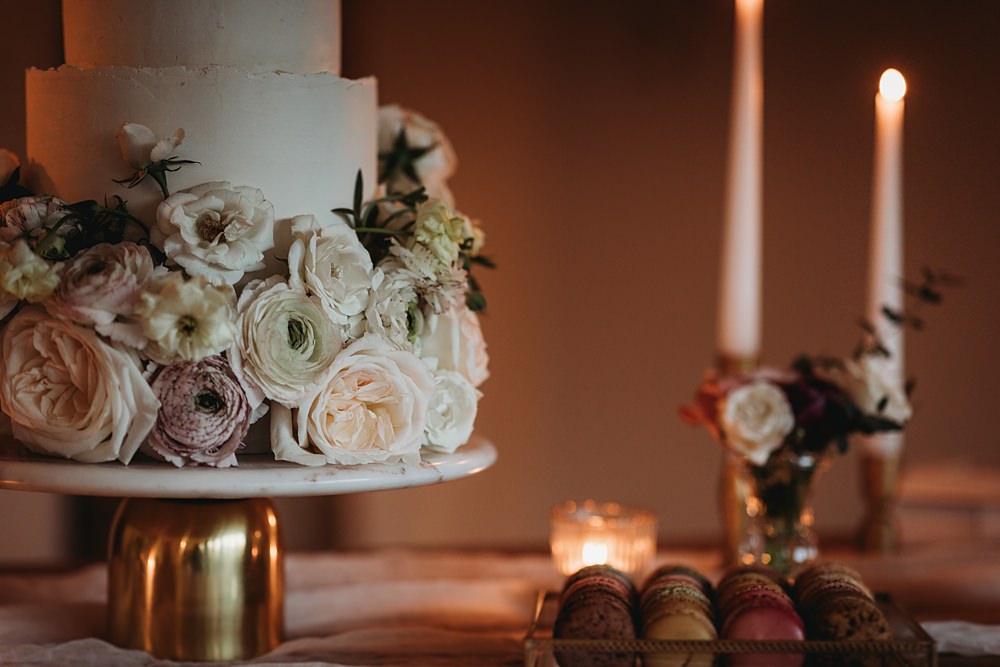 Cake Table Flowers Candles Macrons Winter Wonderland Barn Wedding Thyme Lane Photography
