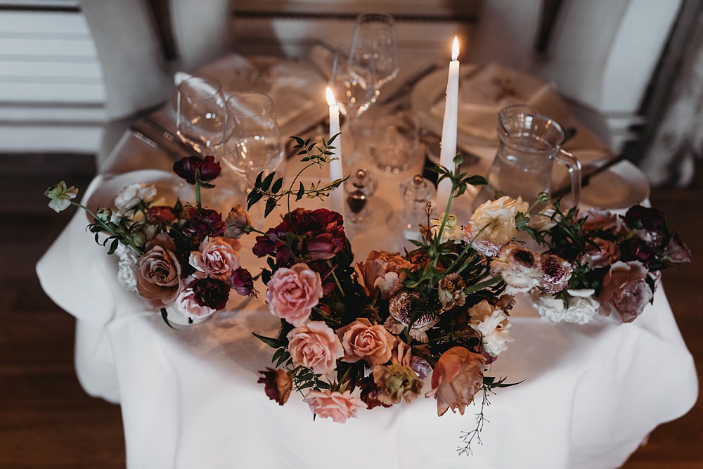Top Sweetheart Table Flowers Pink Red Rose Tal Candles Winter Wonderland Barn Wedding Thyme Lane Photography