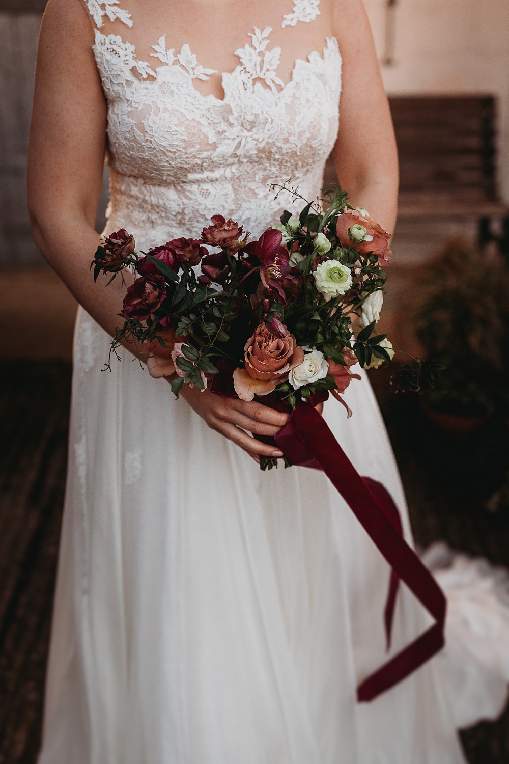 Bouquet Flowers Bride Bridal Red Peach Rose Velvet Ribbon Winter Wonderland Barn Wedding Thyme Lane Photography