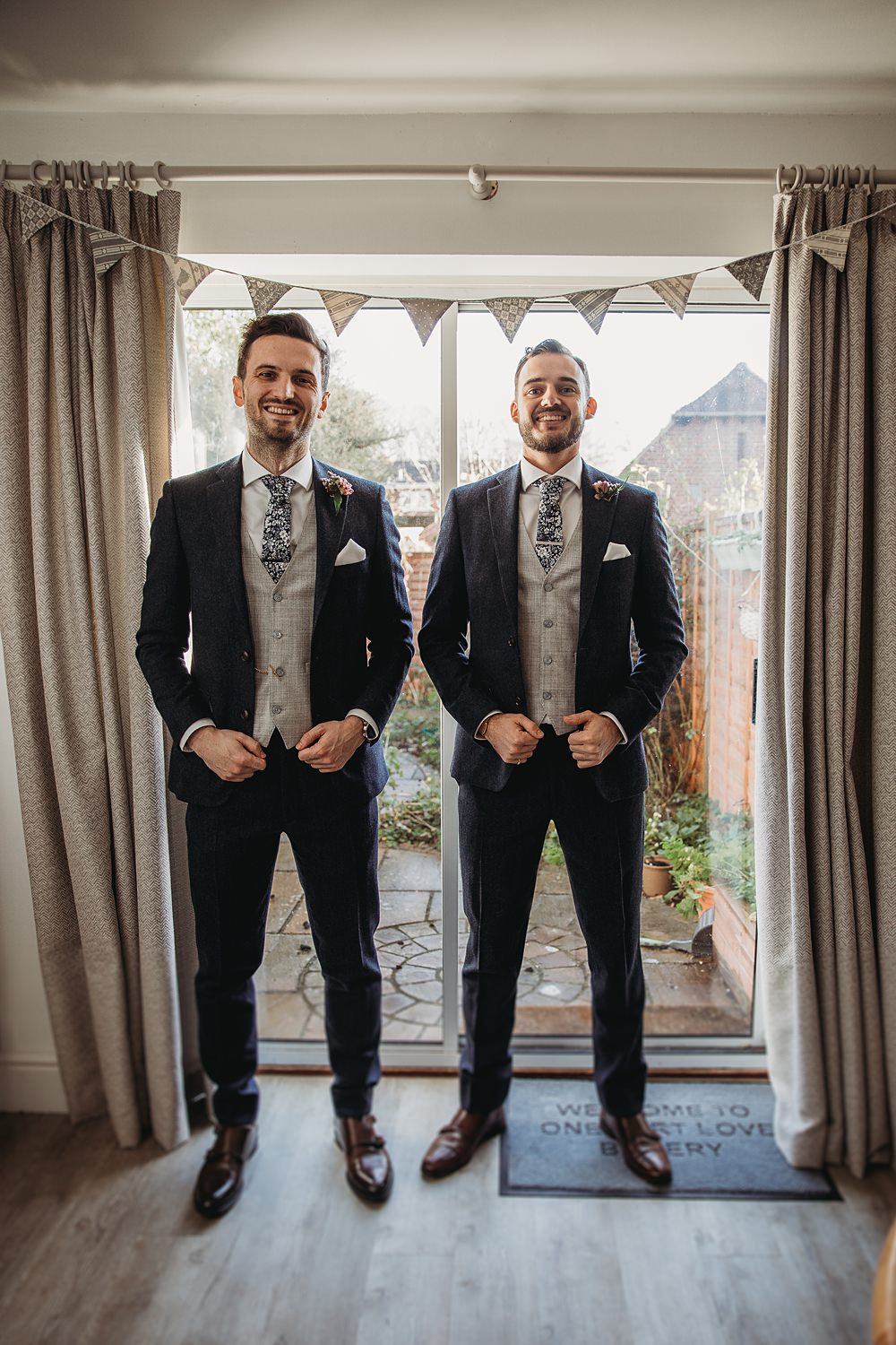 Groom Groomsmen Blue Suit Floral Tie Grey Waistcoat Winter Wonderland Barn Wedding Thyme Lane Photography
