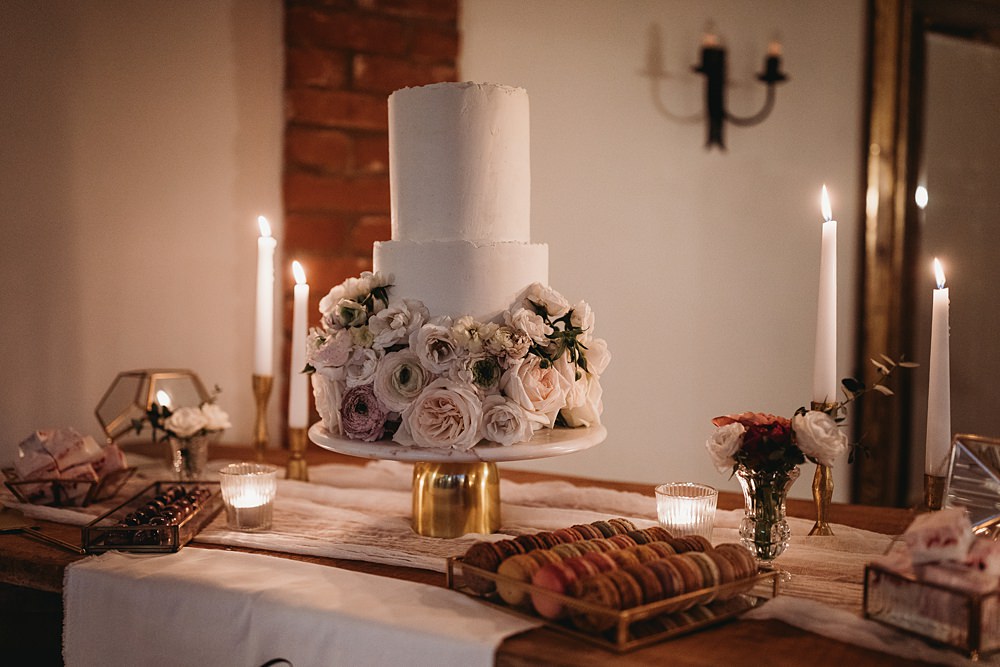 Cake Table Flowers Candles Macrons Winter Wonderland Barn Wedding Thyme Lane Photography