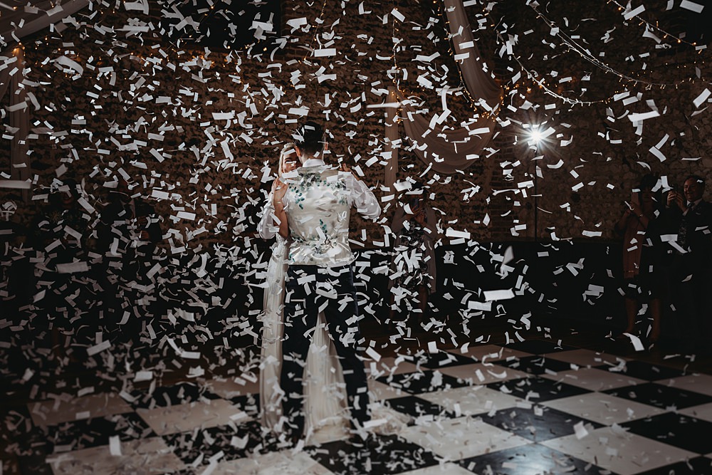 Confetti Cannon Dancefloor Winter Wonderland Barn Wedding Thyme Lane Photography