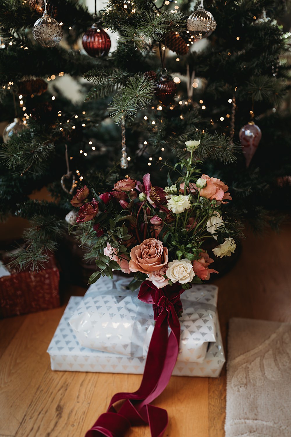 Bouquet Flowers Bride Bridal Red Peach Rose Velvet Ribbon Winter Wonderland Barn Wedding Thyme Lane Photography