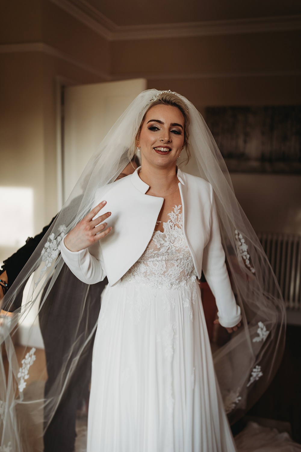 Dress Gown Bride Bridal Lace Top Veil Jacket Winter Wonderland Barn Wedding Thyme Lane Photography