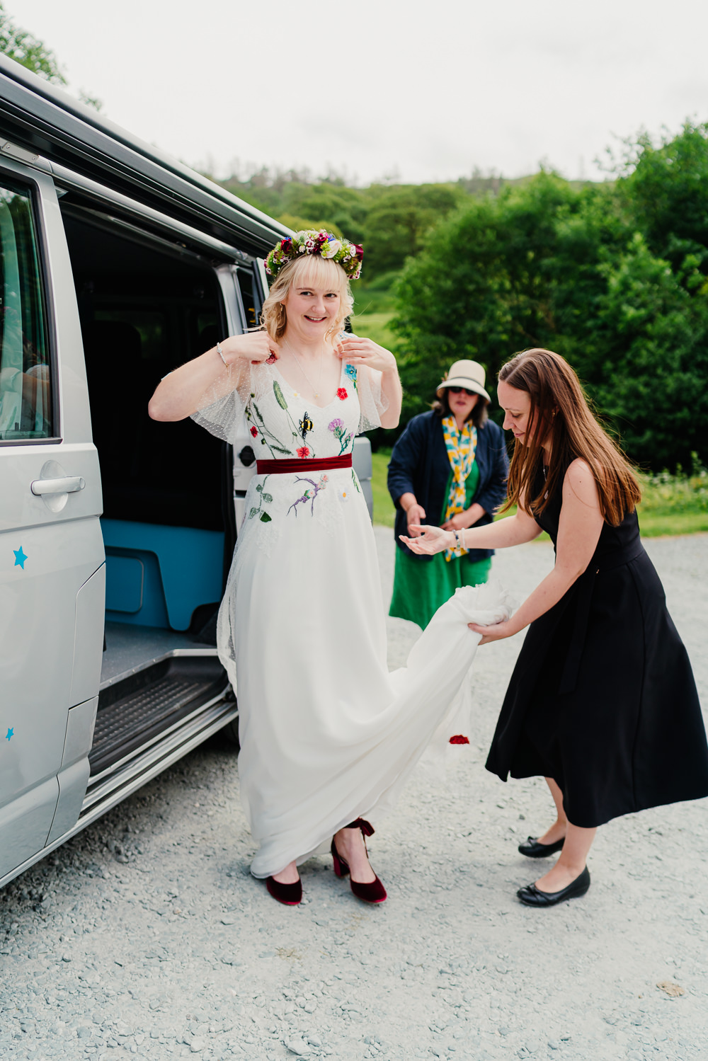 Embroidered Dress Gown Flowers Bee Bride Bridal Red Sash Yew Tree Farm Wedding Lauren May Photos
