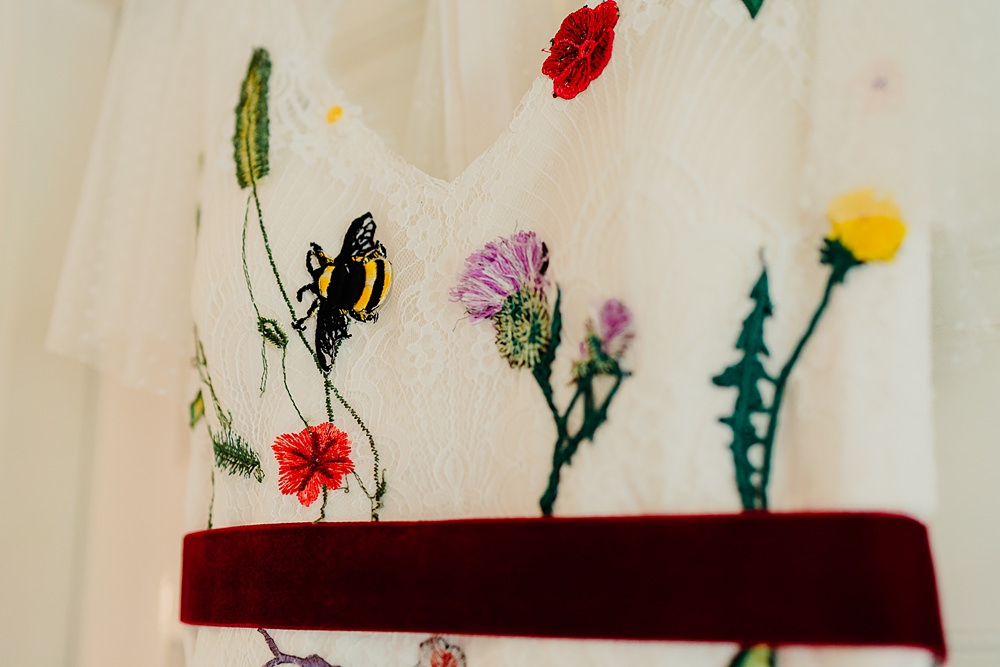 Embroidered Dress Gown Flowers Bee Bride Bridal Red Sash Yew Tree Farm Wedding Lauren May Photos