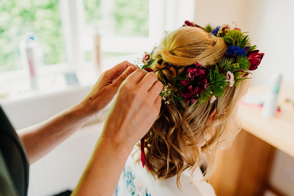 Bride Flower Crown Hairstyle Yew Tree Farm Wedding Lauren May Photos