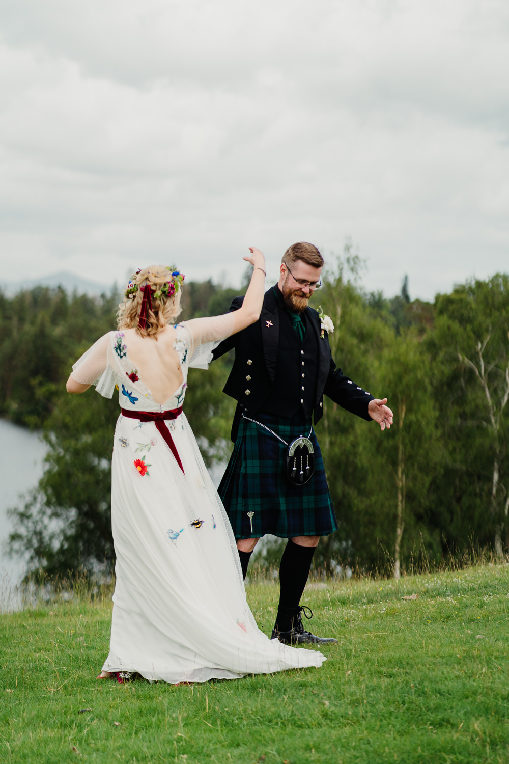 Embroidered Dress Gown Flowers Bee Bride Bridal Red Sash Yew Tree Farm Wedding Lauren May Photos