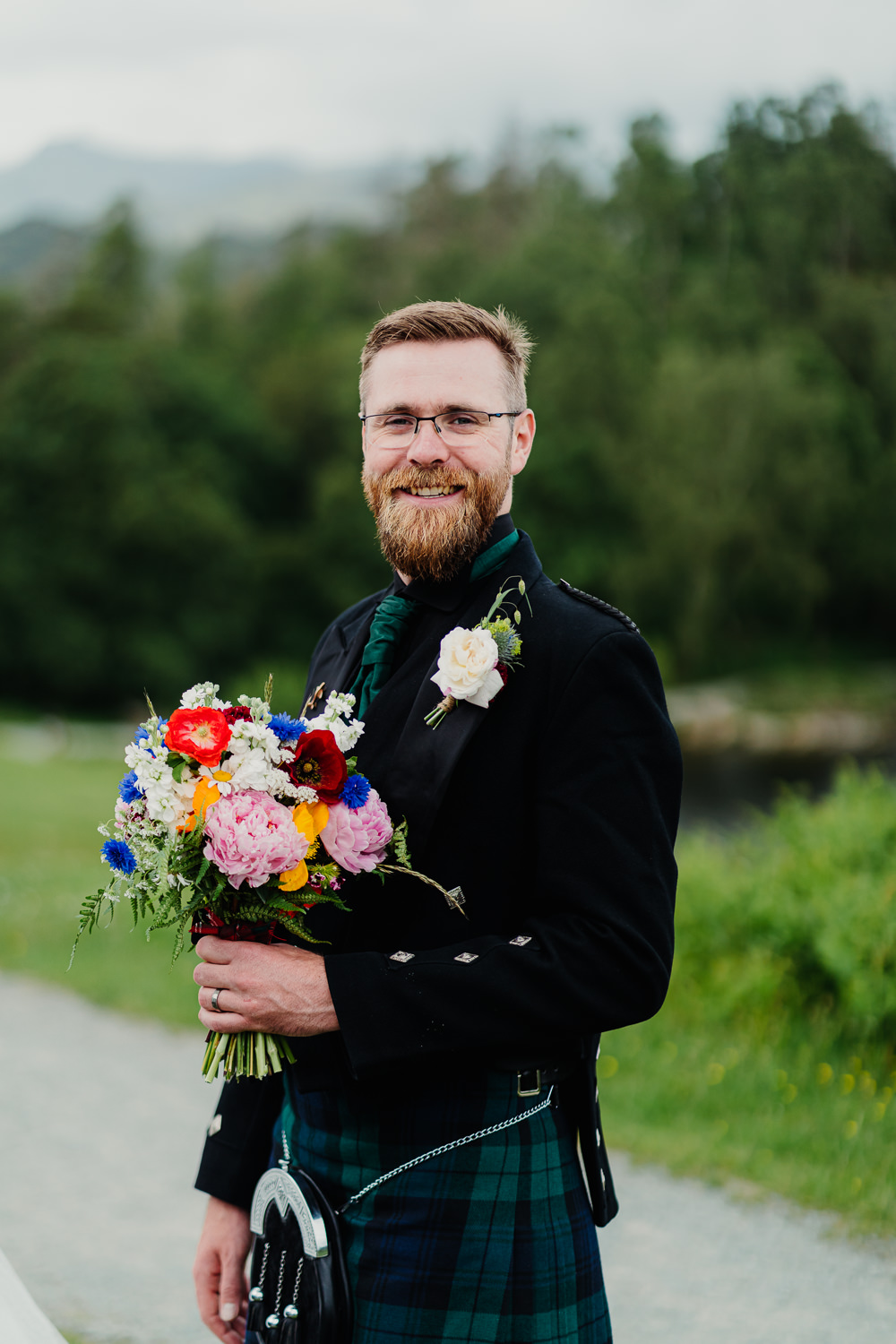 Groom Bouquet Kilts Yew TYew Tree Farm Wedding Lauren May Photos