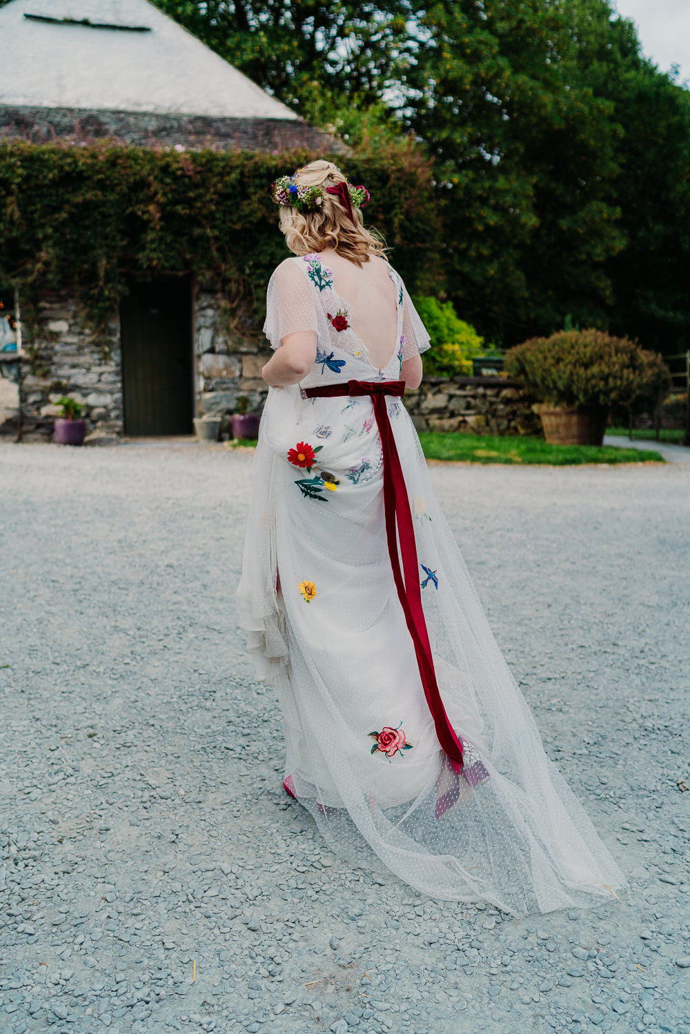 Embroidered Dress Gown Flowers Bee Bride Bridal Red Sash Yew Tree Farm Wedding Lauren May Photos