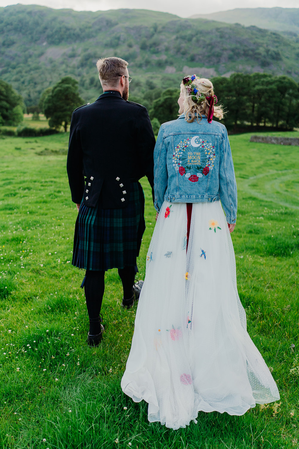 Bride Bridal Denim Jacket Personalised Yew Tree Farm Wedding Lauren May Photos